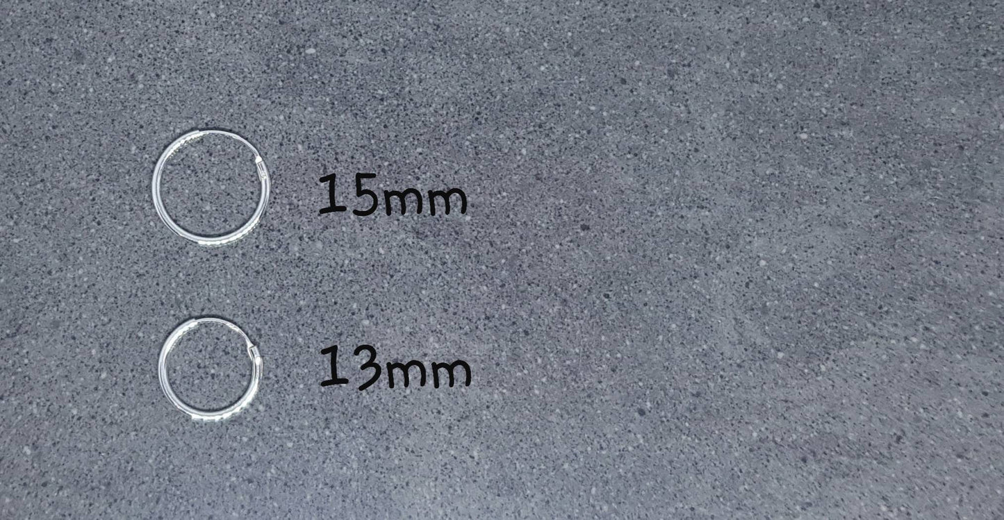 925 Sterling Silver Hoop Earrings, 1.2mm Thick, 13mm or 15mm Endless Hoops, Creoles, Hinged Hoop, Unisex, Come as a Pair