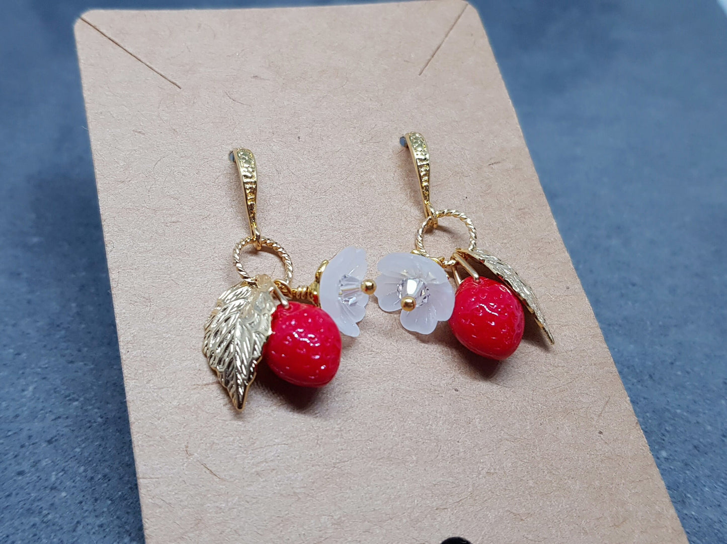 Glass Strawberry Earrings, Hypoallergenic Ear Wires, Flower Earrings, Super Cute Earrings, Czech Glass, PRIMERO Crystals®
