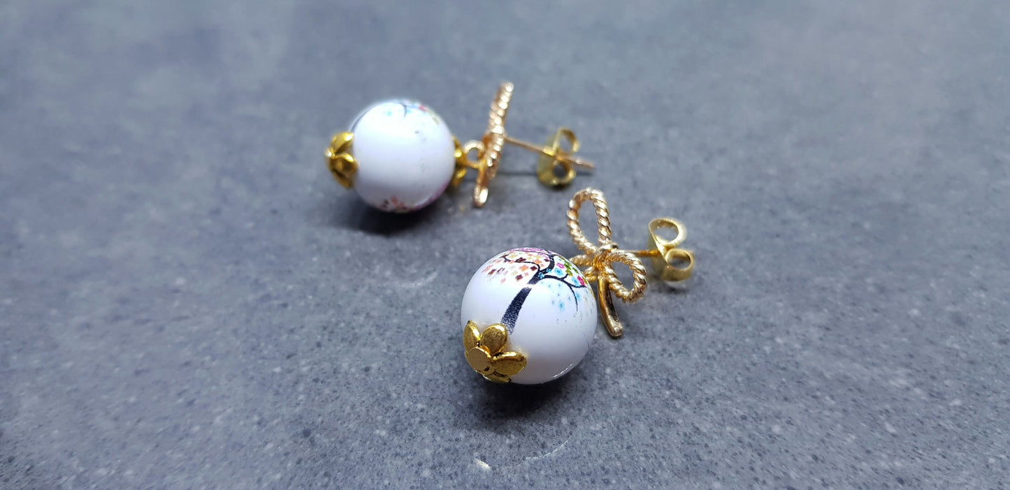 Glass Pearl Earrings, Tree Earrings, Tree of Life Jewellery, Ever Changing Tree of Life Earrings, Brass Gold Bow Studs