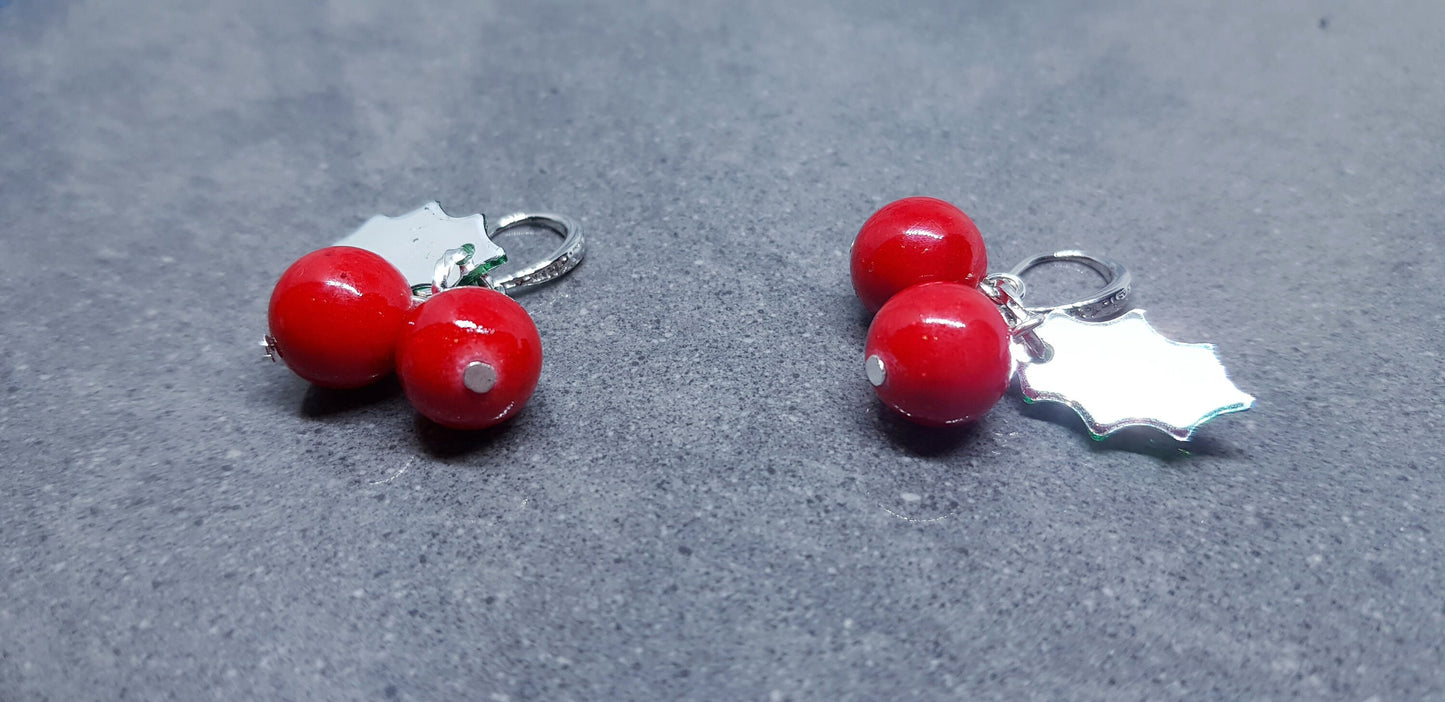 Glass Holly Earrings, Berry Earrings, Hypoallergenic Ear Wires, Glass Jewelry, Autumn Earrings, Christmas Jewelry