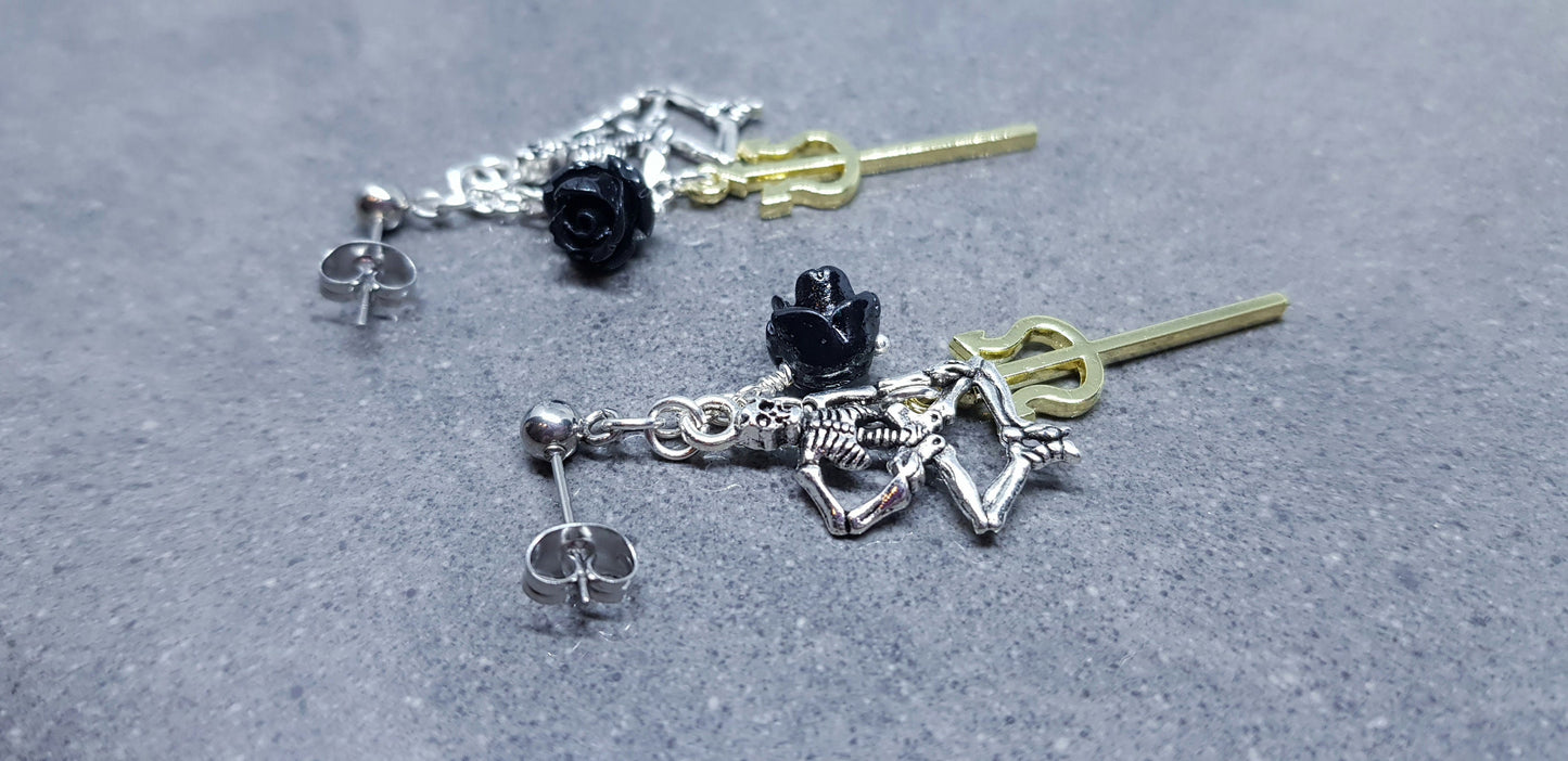 Skeleton Earrings, Surgical Steel Studs, Autumn Fall Earrings, Halloween Earrings, Halloween Party, Hallows Eve, Black Rose