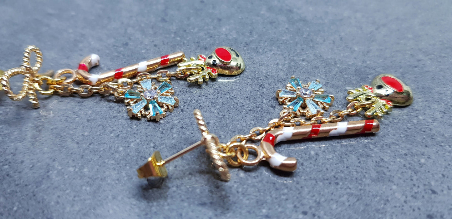 Snowflake Earrings, Rudolf Earrings, Cubic Zirconia Earrings, Christmas Earrings, Brass bow studs, Candy Cane Earrings, Festive Earrings