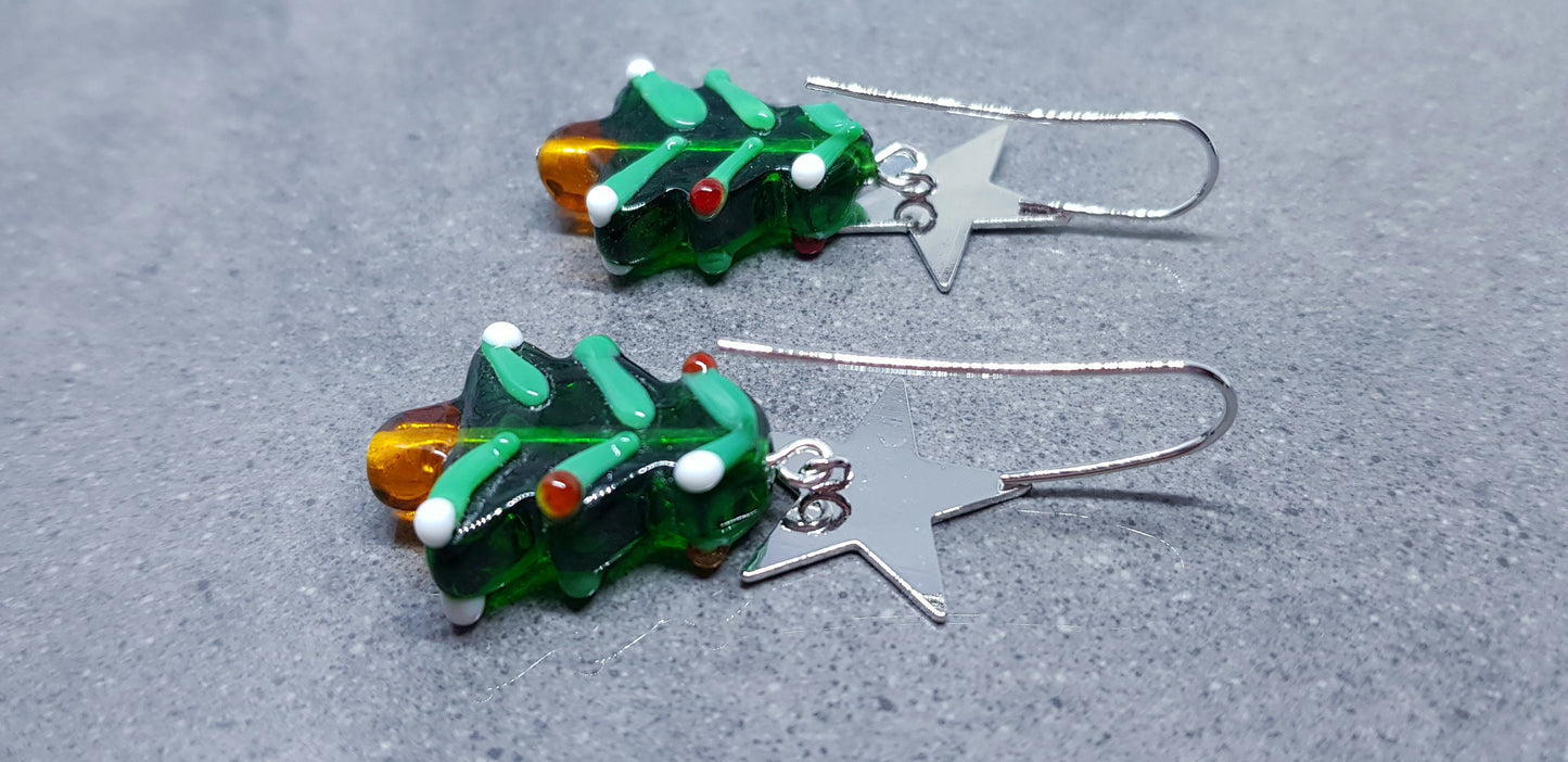 Glass Christmas Tree Earrings, Glass Christmas Tree Jewellery, Nickel Free Platinum Plated Star Ear Wires, Festive Earrings