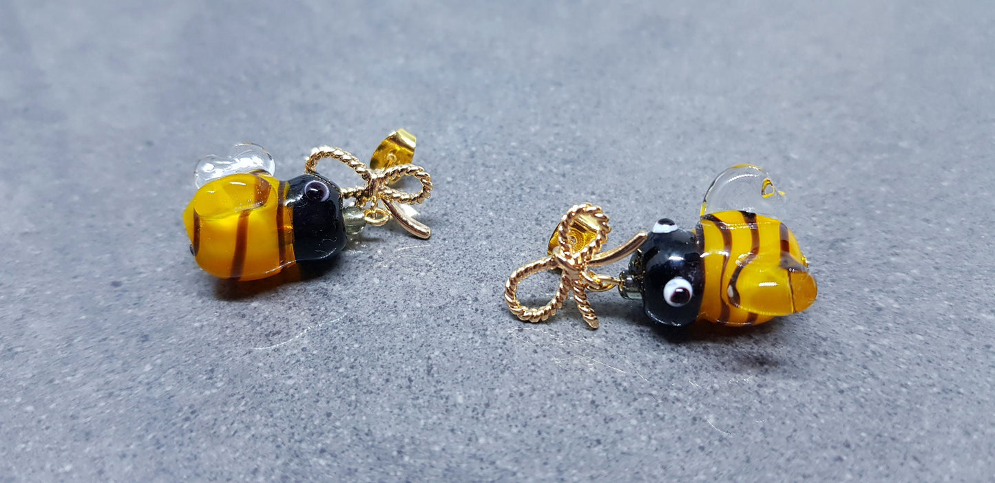 Glass Bee Earrings, Bee Earrings, Brass bow studs, Bumble Bee Earrings, Bee Jewelry