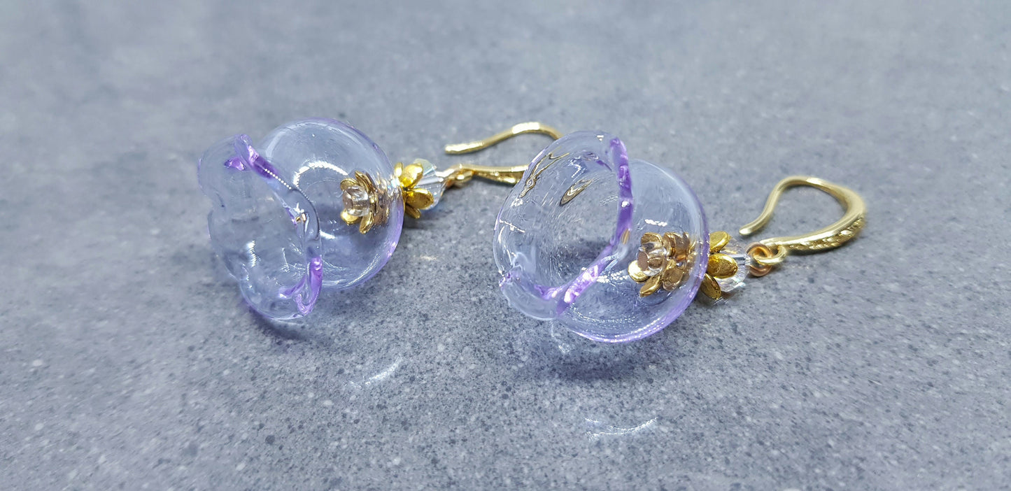 Glass Flower Earrings, Hypoallergenic Brass Ear Wires, Lavender Earrings, Clear PRIMERO Crystals®
