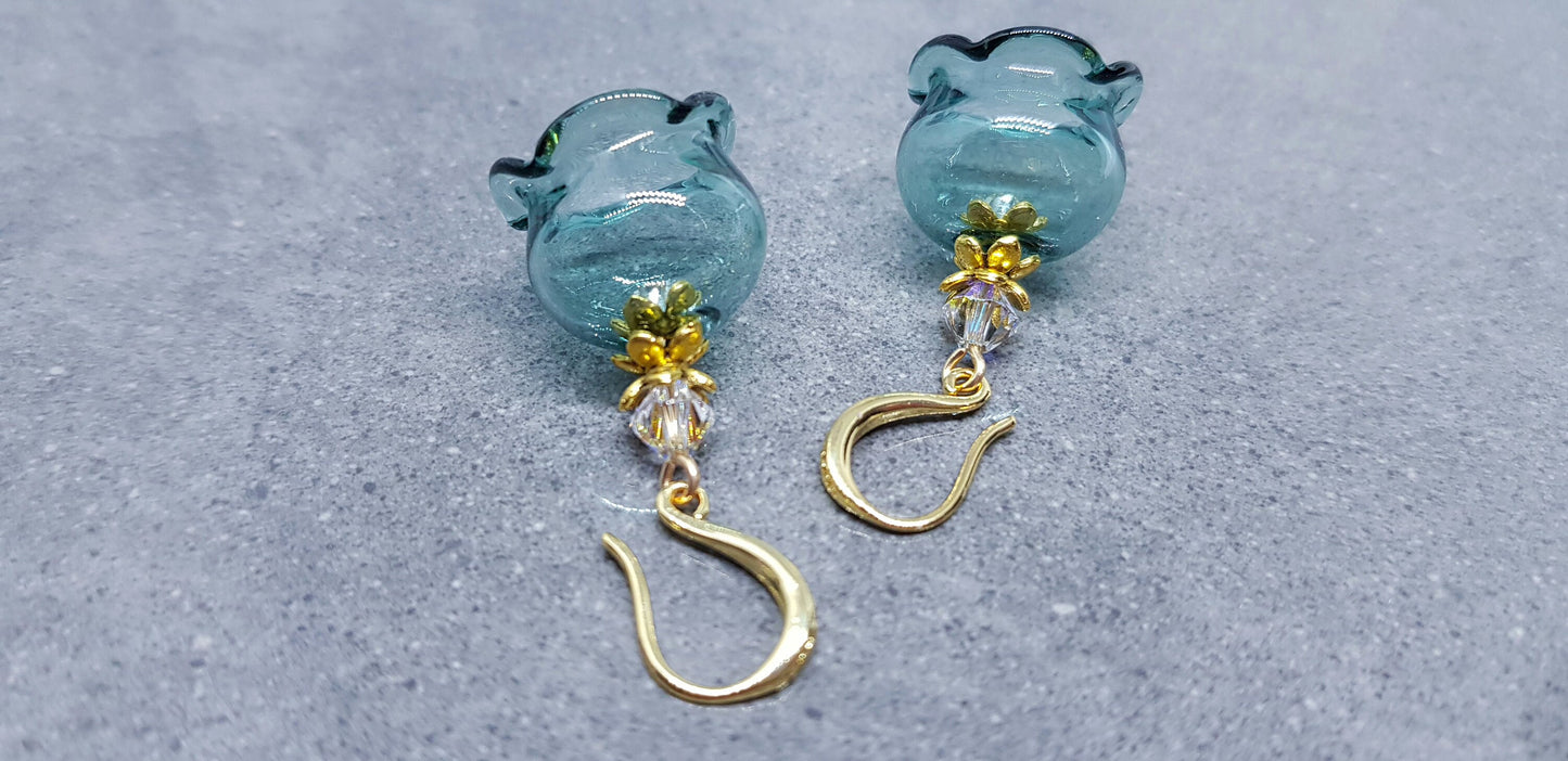 Glass Flower Earrings, Hypoallergenic Brass Ear Wires, Teal Earrings, Clear PRIMERO Crystals®