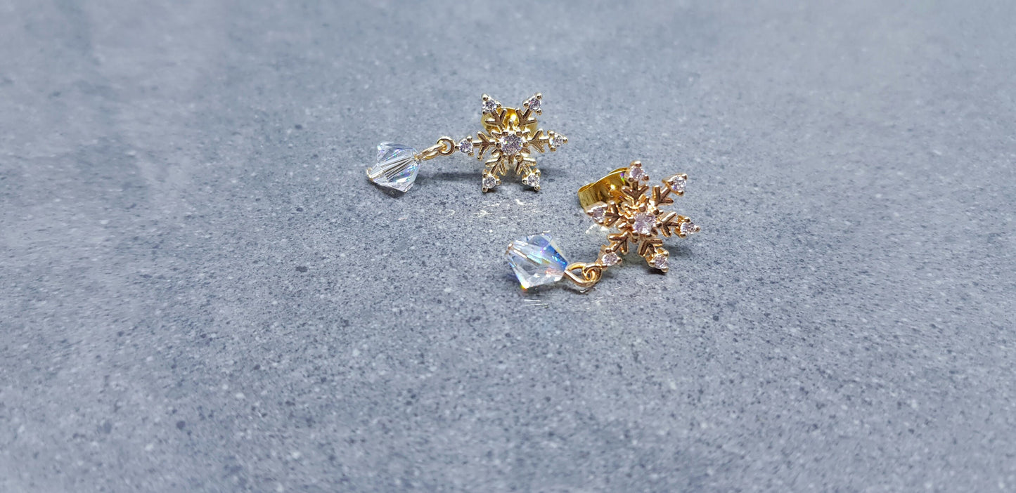 Snowflake Earrings, PRIMERO CRYSTALS®, Gold Snowflake Earrings, Small Drop Earrings, Cubic Zirconia Studs, Nickle Free, Festive Earrings