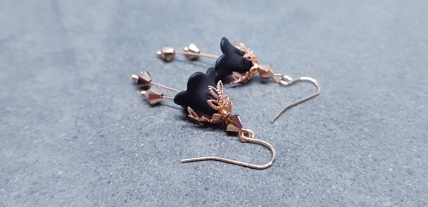 Black Flower Earrings, Hypoallergenic ear wires, Sterling Silver Ear Wires, Black PRIMERO Crystals®, Rose Gold Jewellery