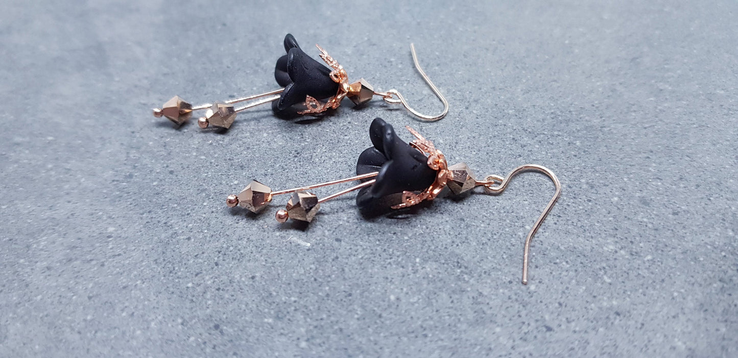 Black Flower Earrings, Hypoallergenic ear wires, Sterling Silver Ear Wires, Black PRIMERO Crystals®, Rose Gold Jewellery