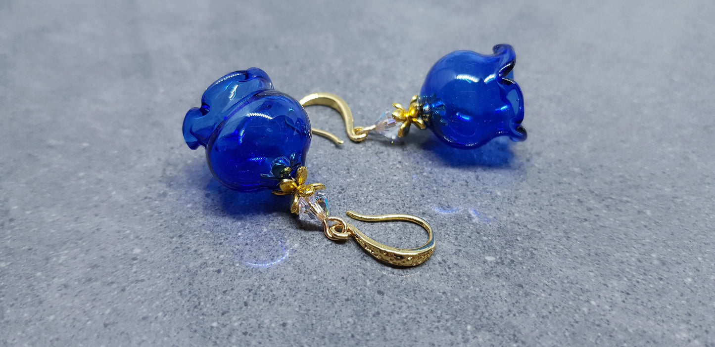 Glass Flower Earrings, Hypoallergenic Brass Ear Wires, Royal Blue Earrings, Clear PRIMERO Crystals®
