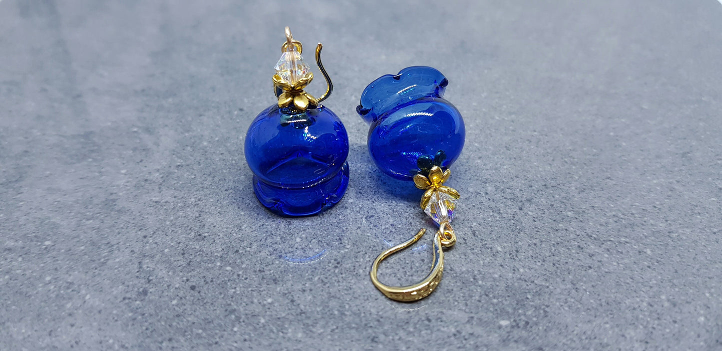 Glass Flower Earrings, Hypoallergenic Brass Ear Wires, Royal Blue Earrings, Clear PRIMERO Crystals®