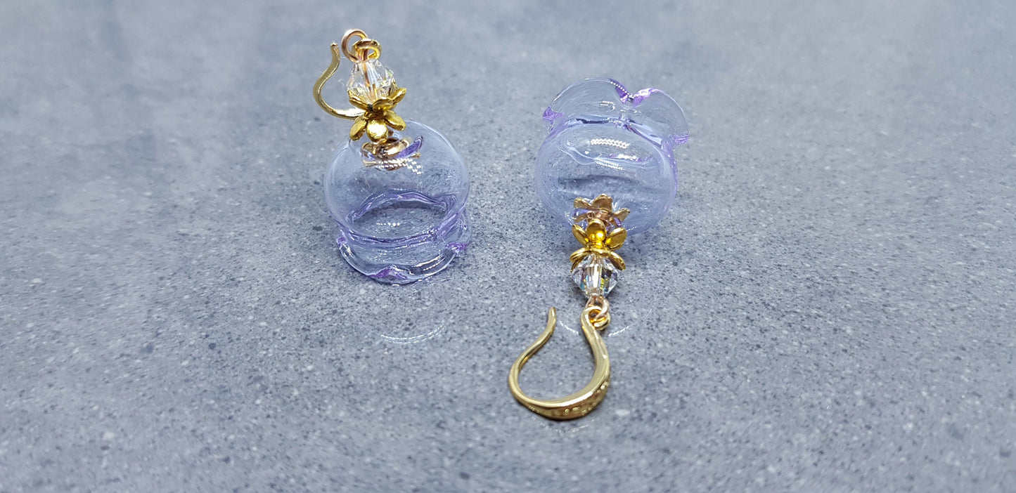 Glass Flower Earrings, Hypoallergenic Brass Ear Wires, Lavender Earrings, Clear PRIMERO Crystals®