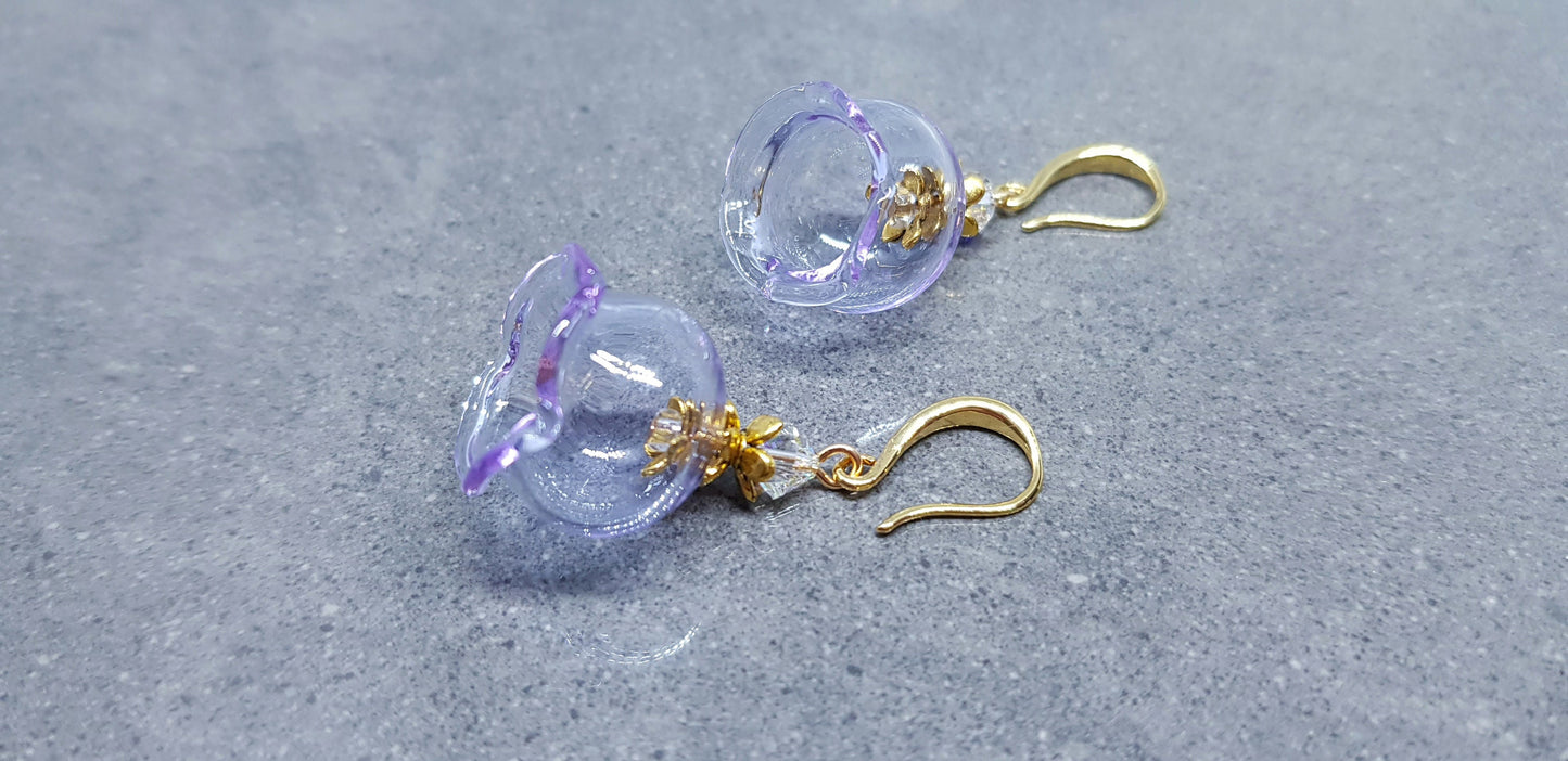 Glass Flower Earrings, Hypoallergenic Brass Ear Wires, Lavender Earrings, Clear PRIMERO Crystals®
