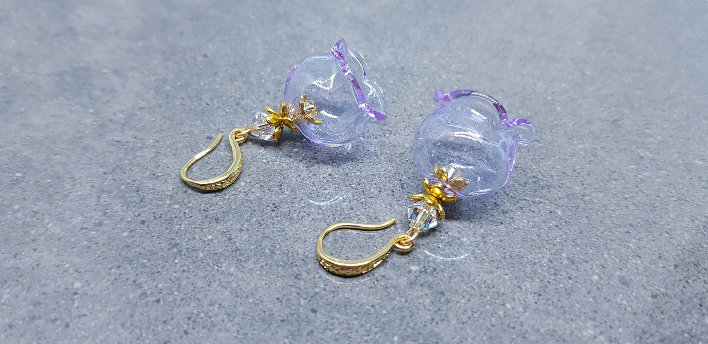 Glass Flower Earrings, Hypoallergenic Brass Ear Wires, Lavender Earrings, Clear PRIMERO Crystals®