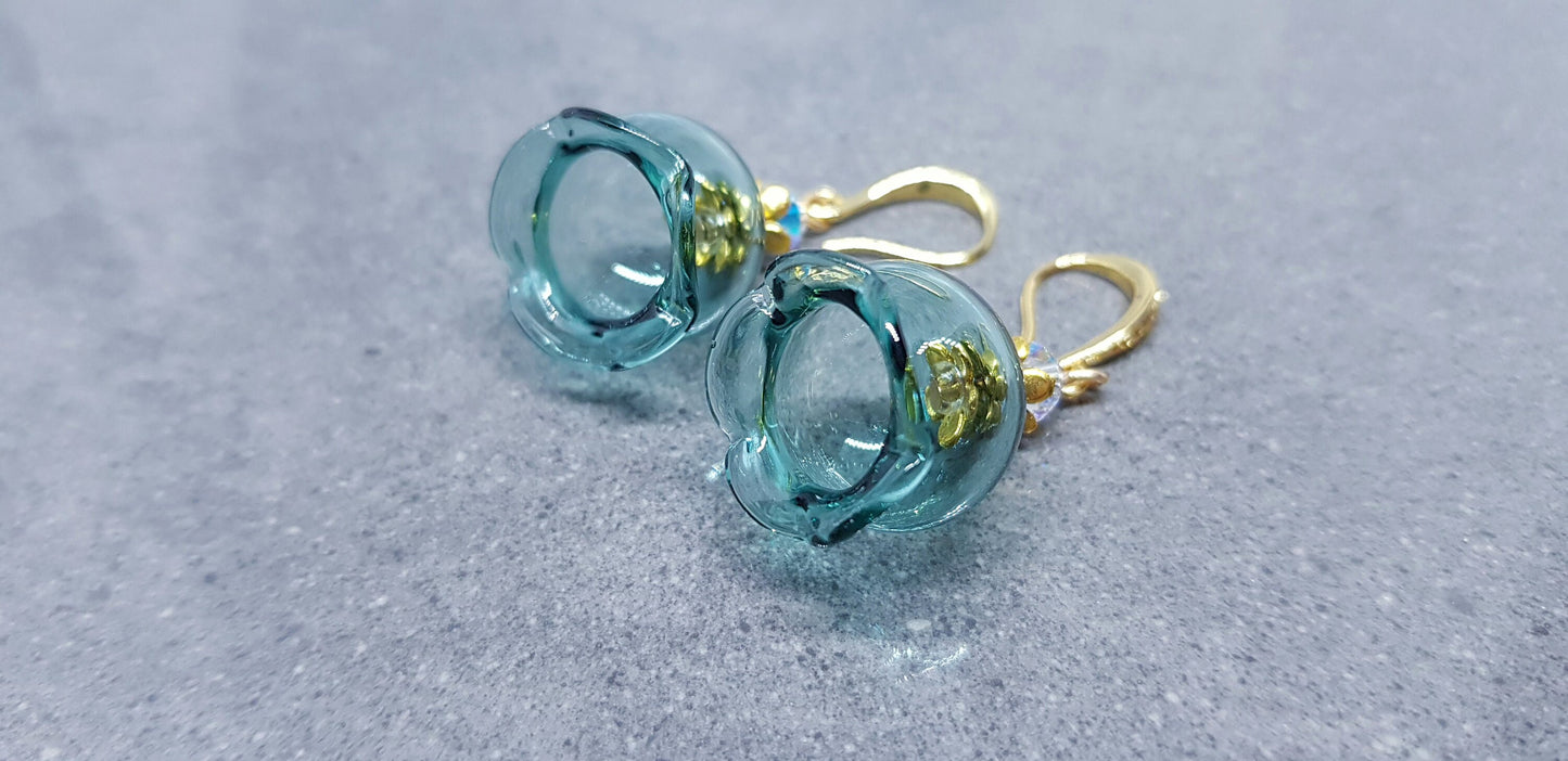 Glass Flower Earrings, Hypoallergenic Brass Ear Wires, Teal Earrings, Clear PRIMERO Crystals®