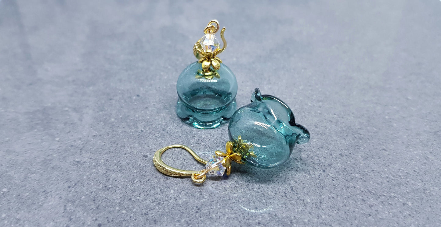 Glass Flower Earrings, Hypoallergenic Brass Ear Wires, Teal Earrings, Clear PRIMERO Crystals®