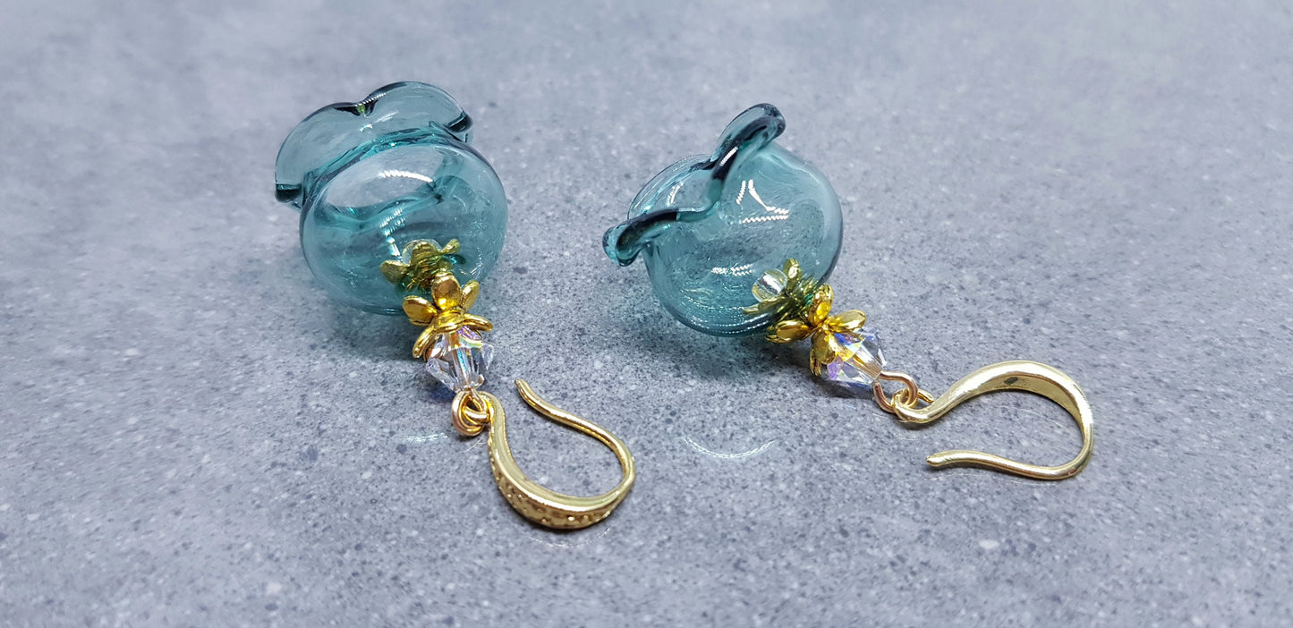 Glass Flower Earrings, Hypoallergenic Brass Ear Wires, Teal Earrings, Clear PRIMERO Crystals®