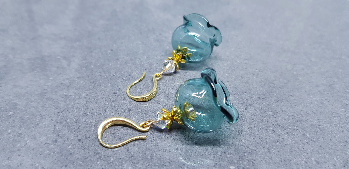 Glass Flower Earrings, Hypoallergenic Brass Ear Wires, Teal Earrings, Clear PRIMERO Crystals®