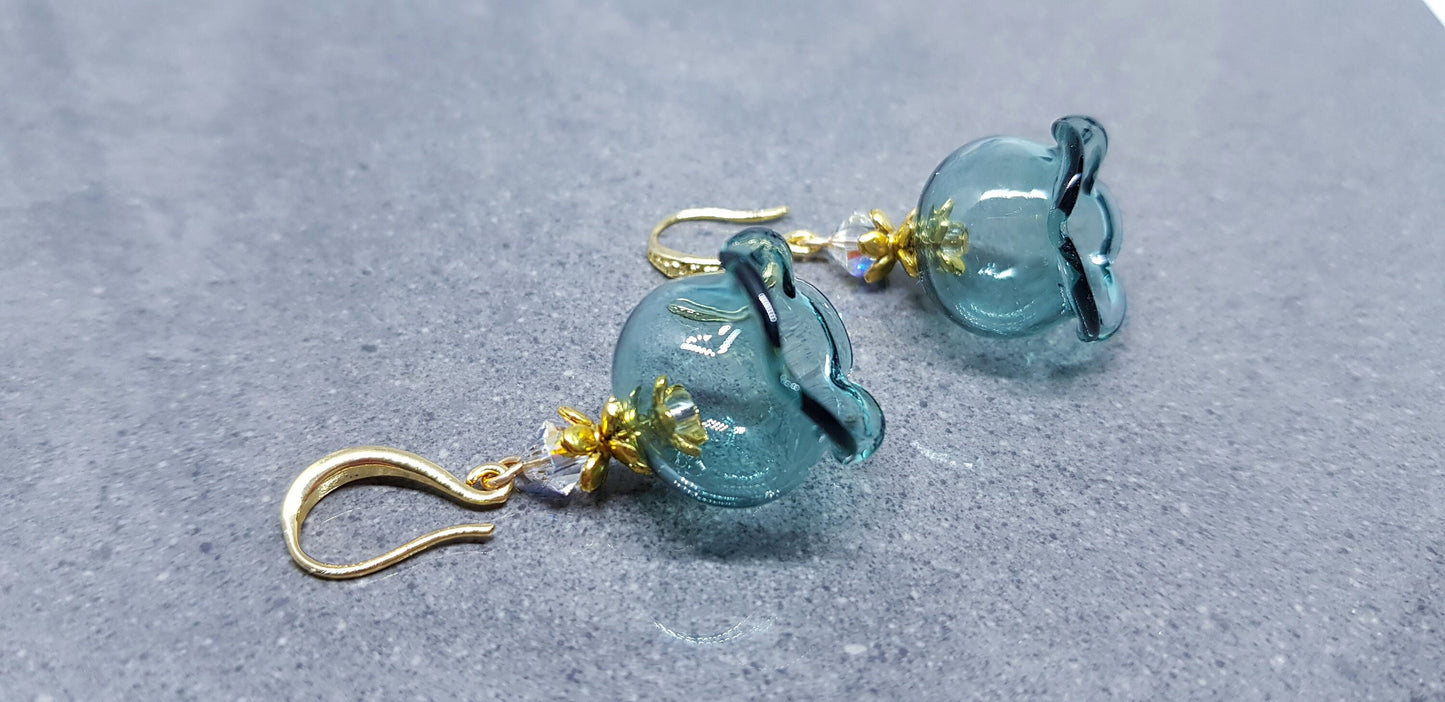 Glass Flower Earrings, Hypoallergenic Brass Ear Wires, Teal Earrings, Clear PRIMERO Crystals®