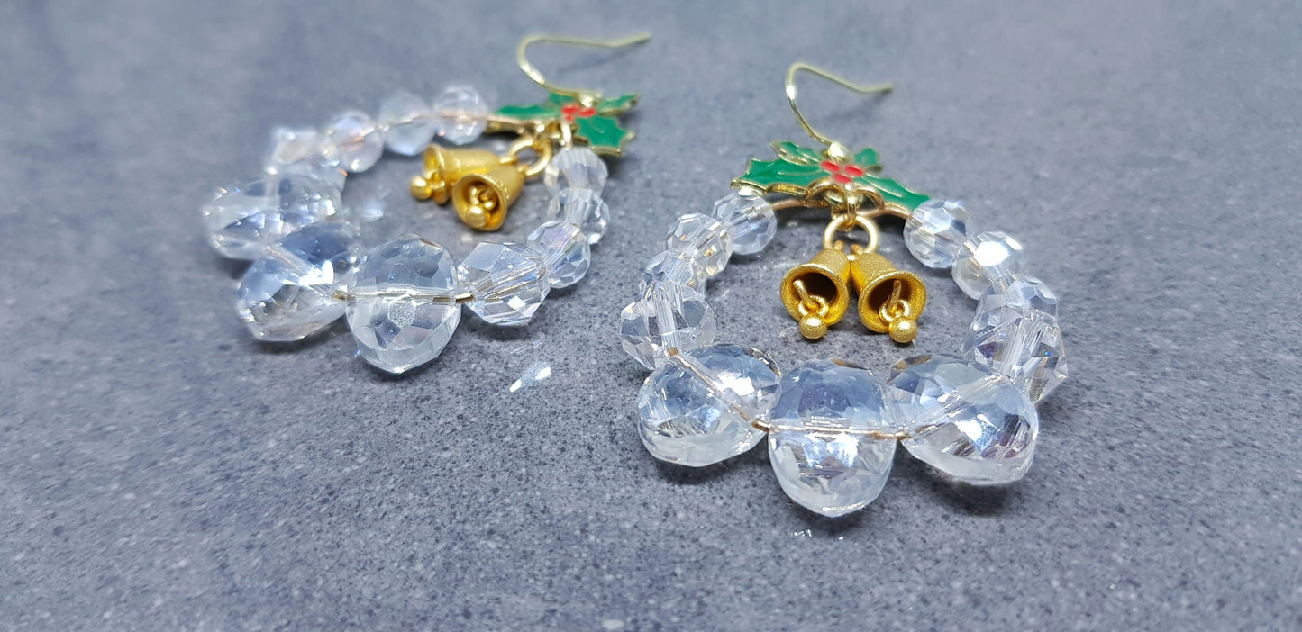 Christmas Wreath Earrings, Clear Glass Crystals, Hypoallergenic Ear Wires, Brushed Gold Brass Bells, Christmas Earrings, Sparkly Earrings