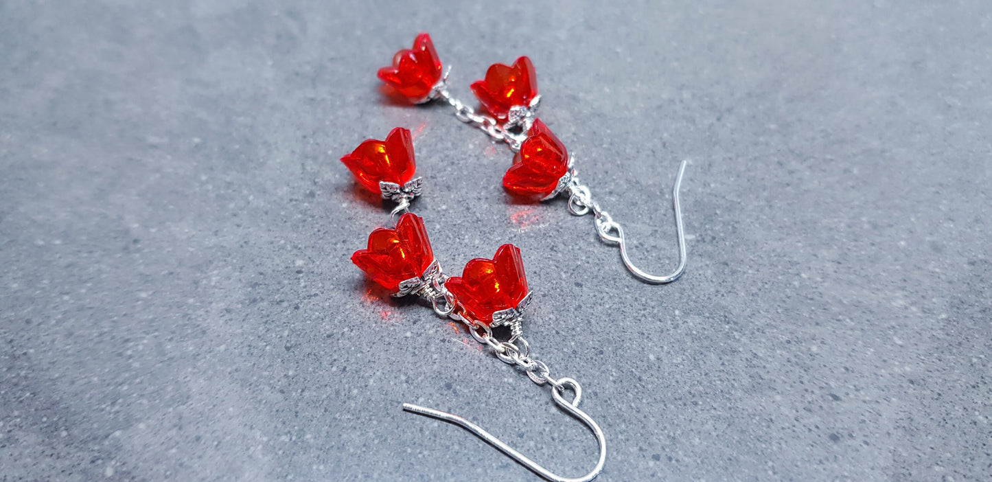 Flower Earrings, Hypoallergenic Ear Wires, Imitation Glass, Red Earrings, Boho Jewelry, Simple Vintage Earrings