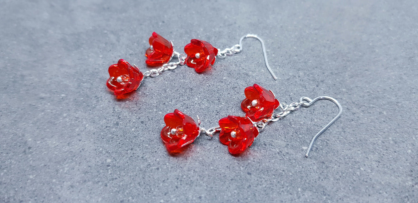 Flower Earrings, Hypoallergenic Ear Wires, Imitation Glass, Red Earrings, Boho Jewelry, Simple Vintage Earrings