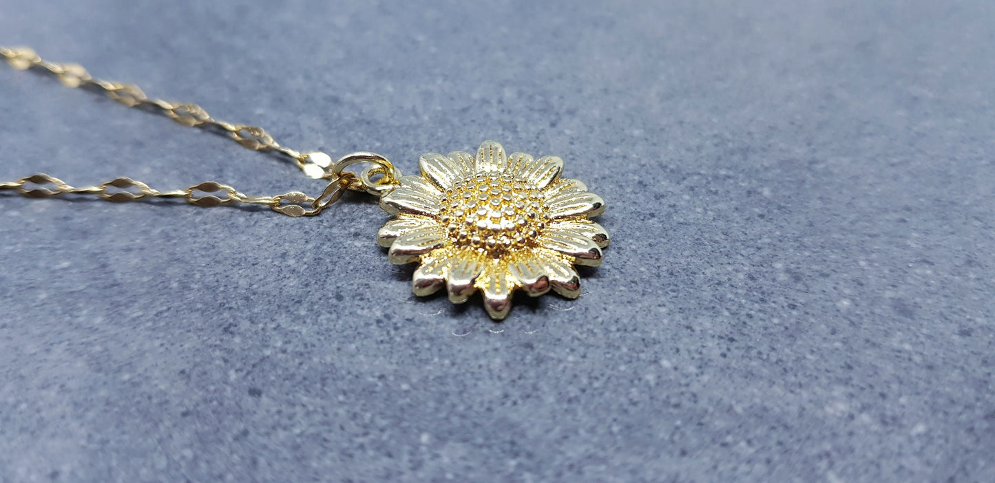 Gold Sunflower Necklace, Flower Jewelry, Brass Sunflower, 18K Gold Plated