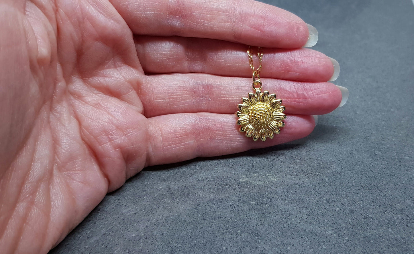 Gold Sunflower Necklace, Flower Jewelry, Brass Sunflower, 18K Gold Plated