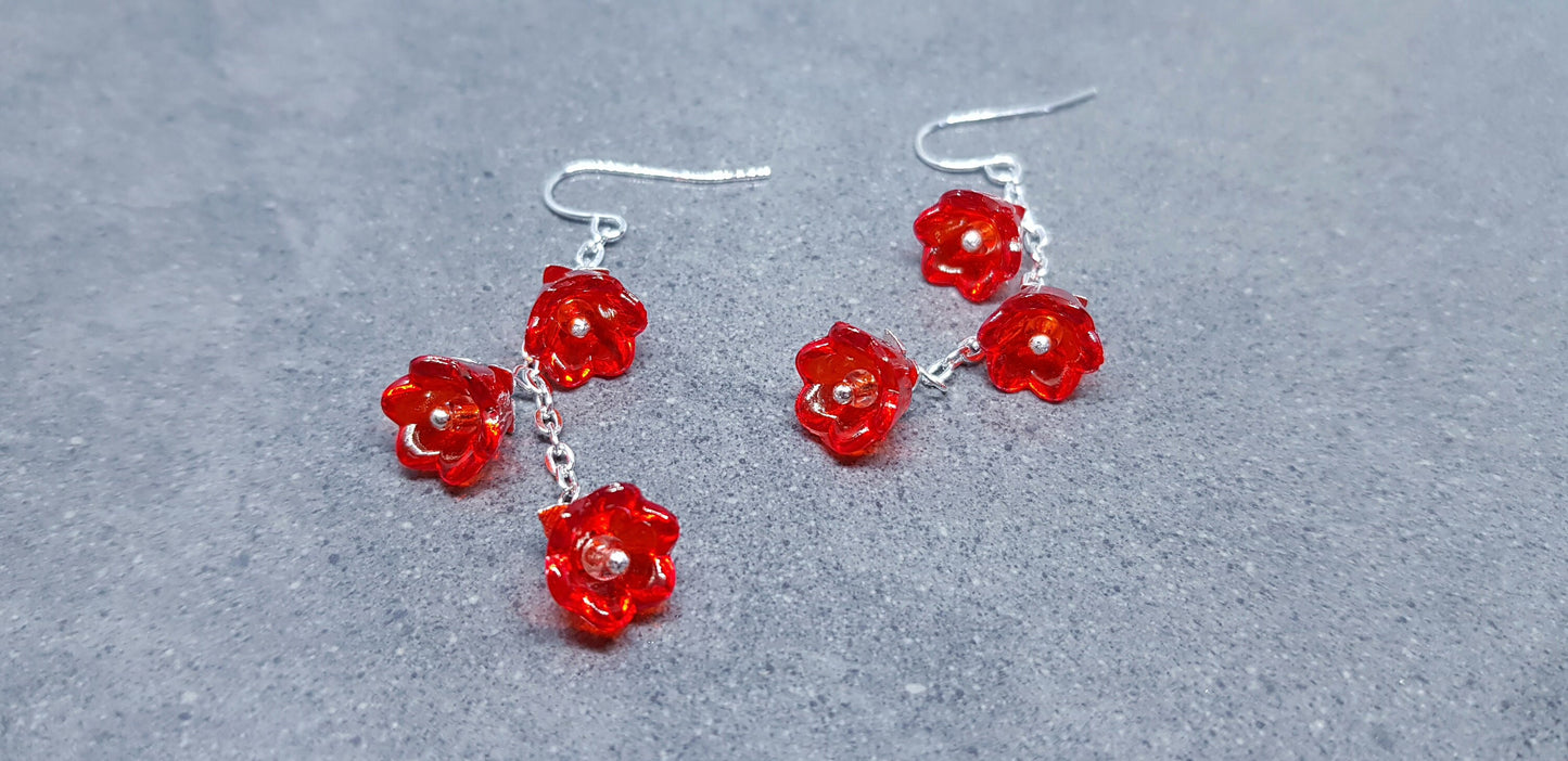 Flower Earrings, Hypoallergenic Ear Wires, Imitation Glass, Red Earrings, Boho Jewelry, Simple Vintage Earrings