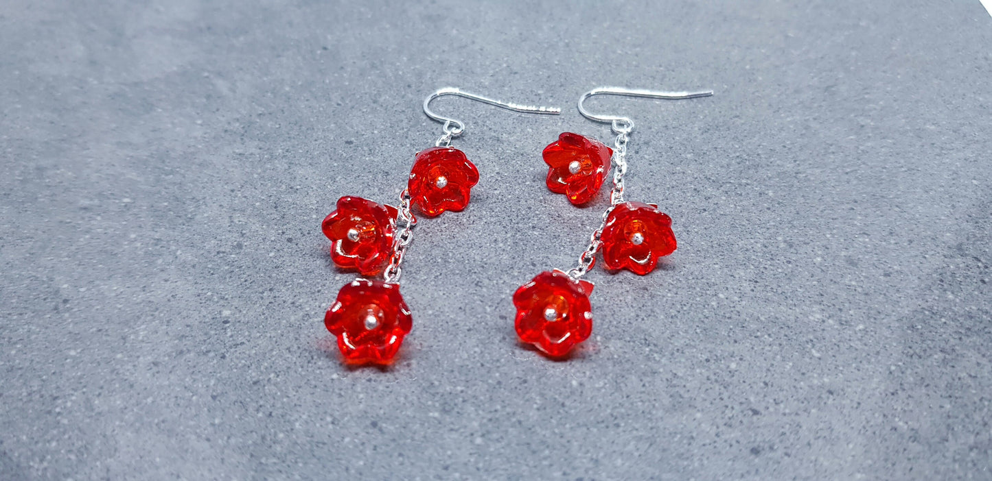 Flower Earrings, Hypoallergenic Ear Wires, Imitation Glass, Red Earrings, Boho Jewelry, Simple Vintage Earrings