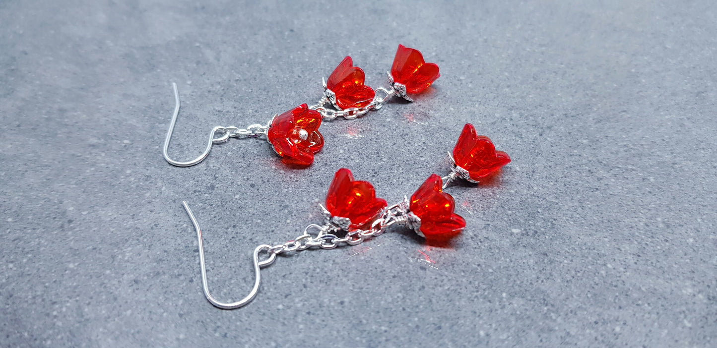 Flower Earrings, Hypoallergenic Ear Wires, Imitation Glass, Red Earrings, Boho Jewelry, Simple Vintage Earrings