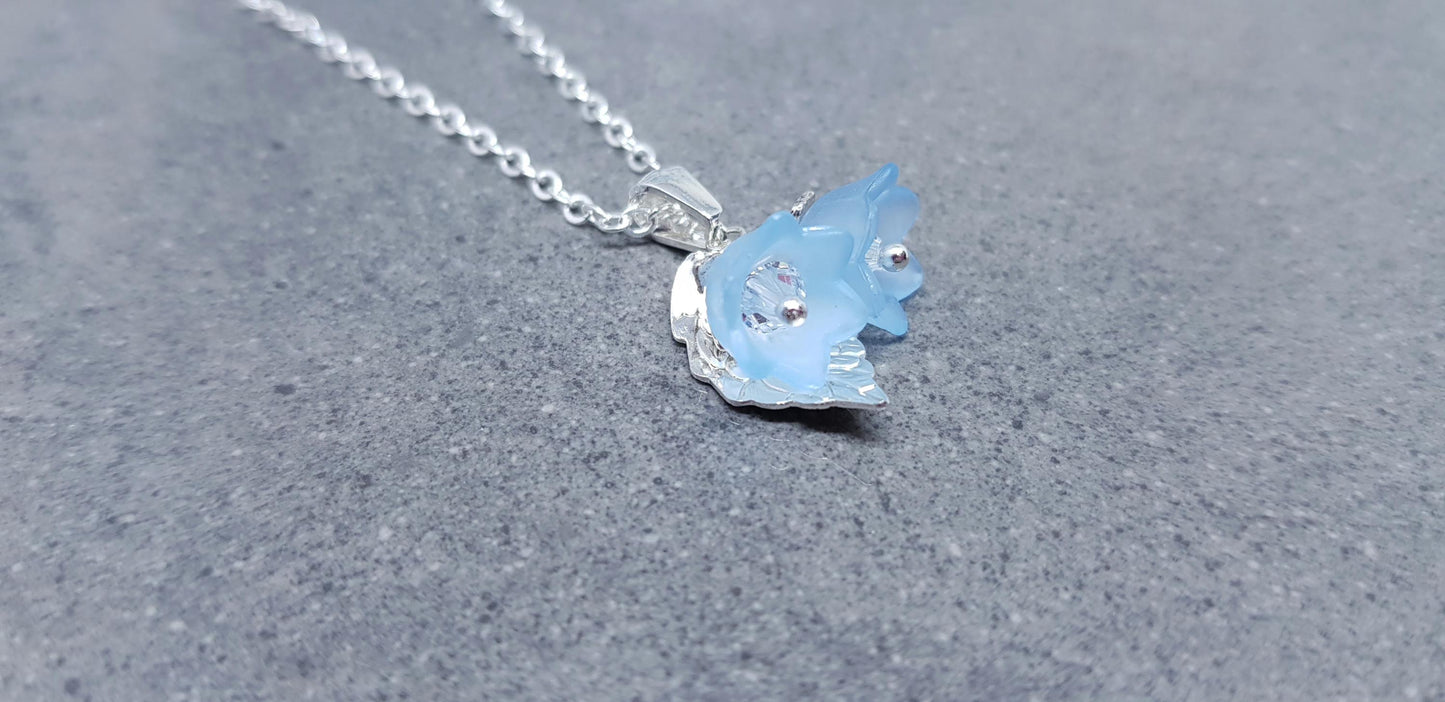 Flower Necklace, Clear PRIMERO Crystals®, Blue Bellflower, Special Occasion Earrings, Crystal Flower Earrings, Matching Earrings Available