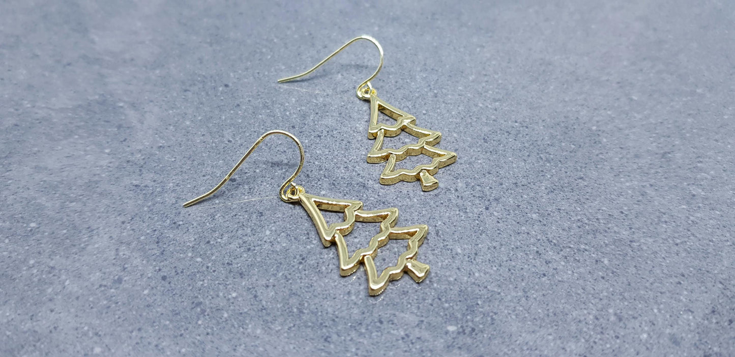 Christmas Tree Earrings, Hypoallergenic Ear Wires, Brass Real 18K Gold Plated, Christmas Earrings, Festive Earrings, Gold Christmas Tree