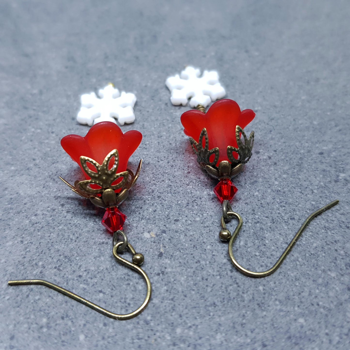 Red Christmas Flower Earrings, Choice of Ear Wires, White Snowflake Earrings, Seasonal Earrings, Festive Jewellery, PRIMERO Crystals®