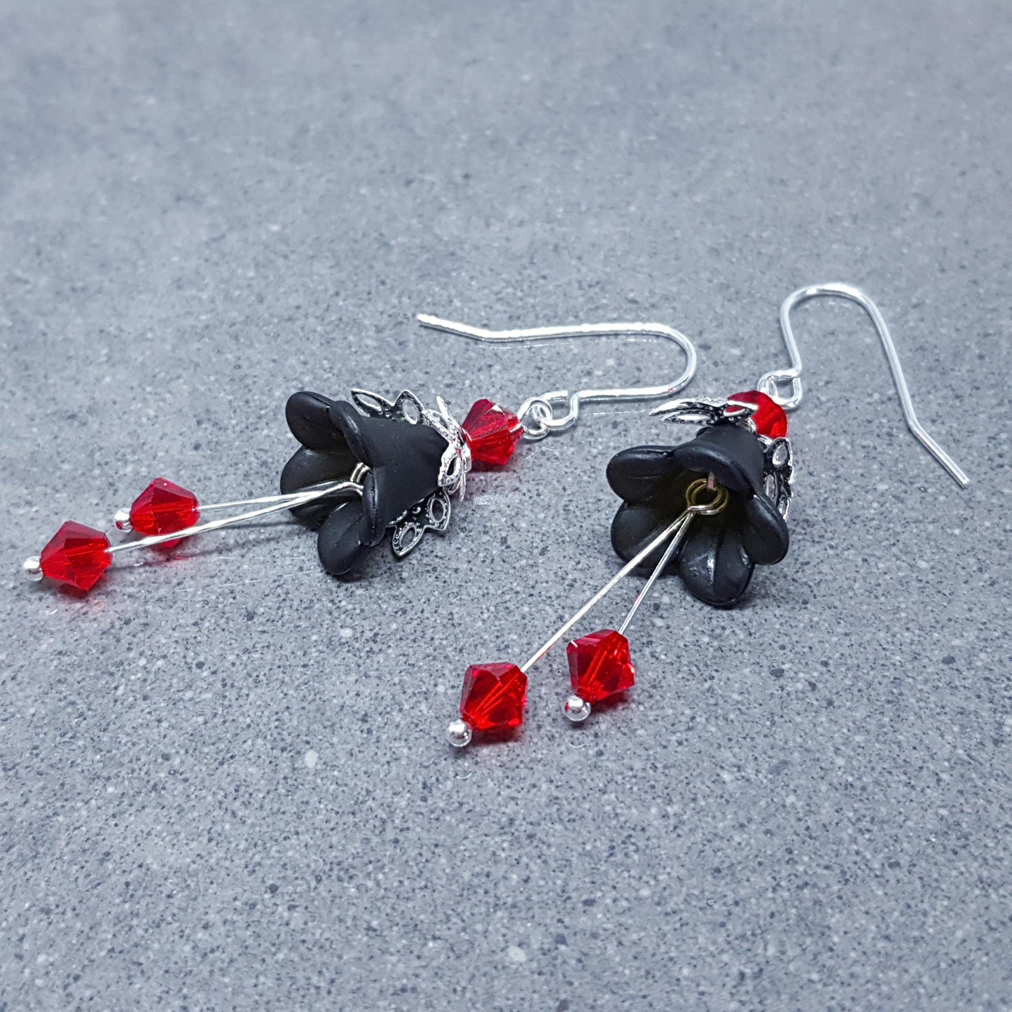Black Flower Earrings, Hypoallergenic ear wires, Sterling Silver Ear Wires, Red PRIMERO Crystals®