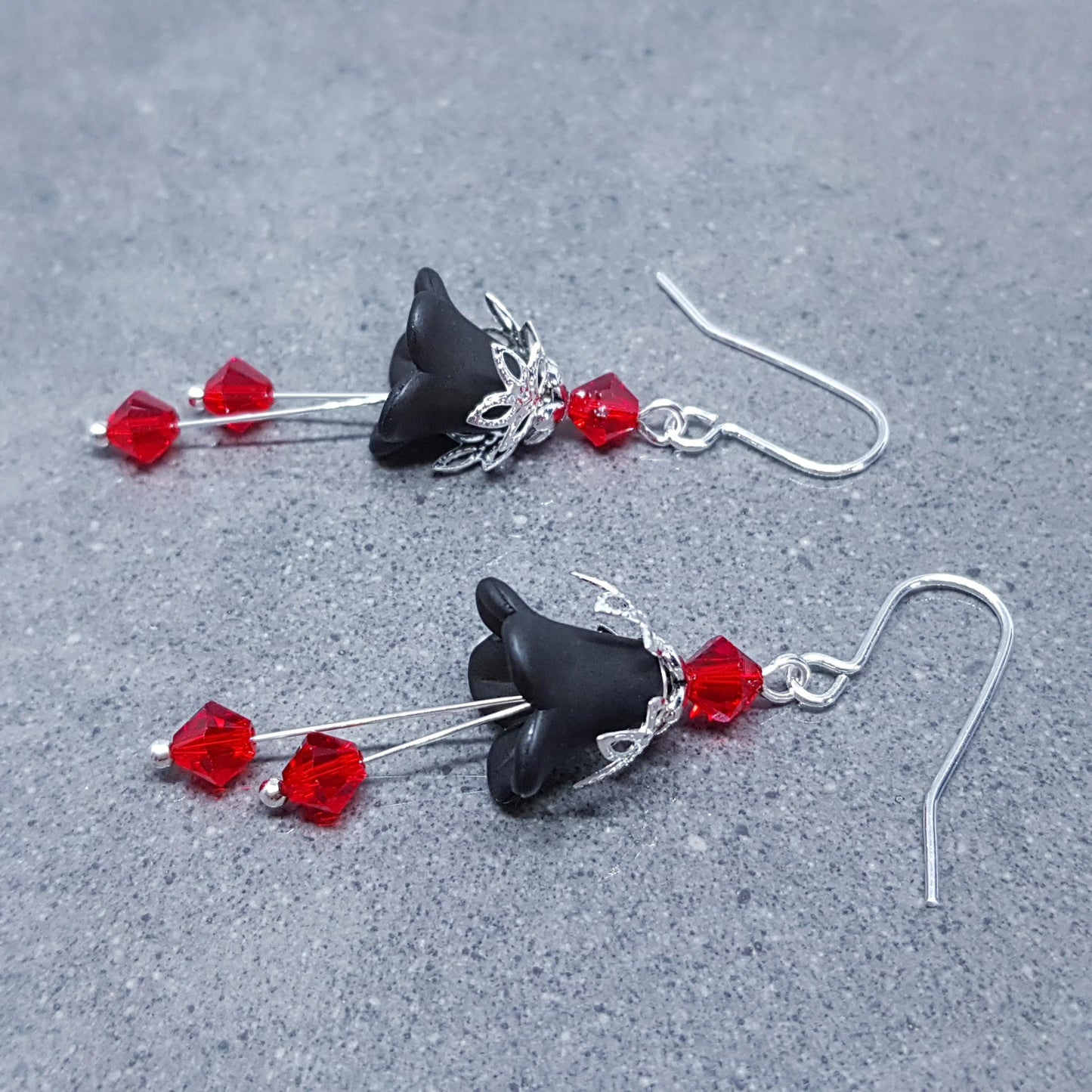 Black Flower Earrings, Hypoallergenic ear wires, Sterling Silver Ear Wires, Red PRIMERO Crystals®