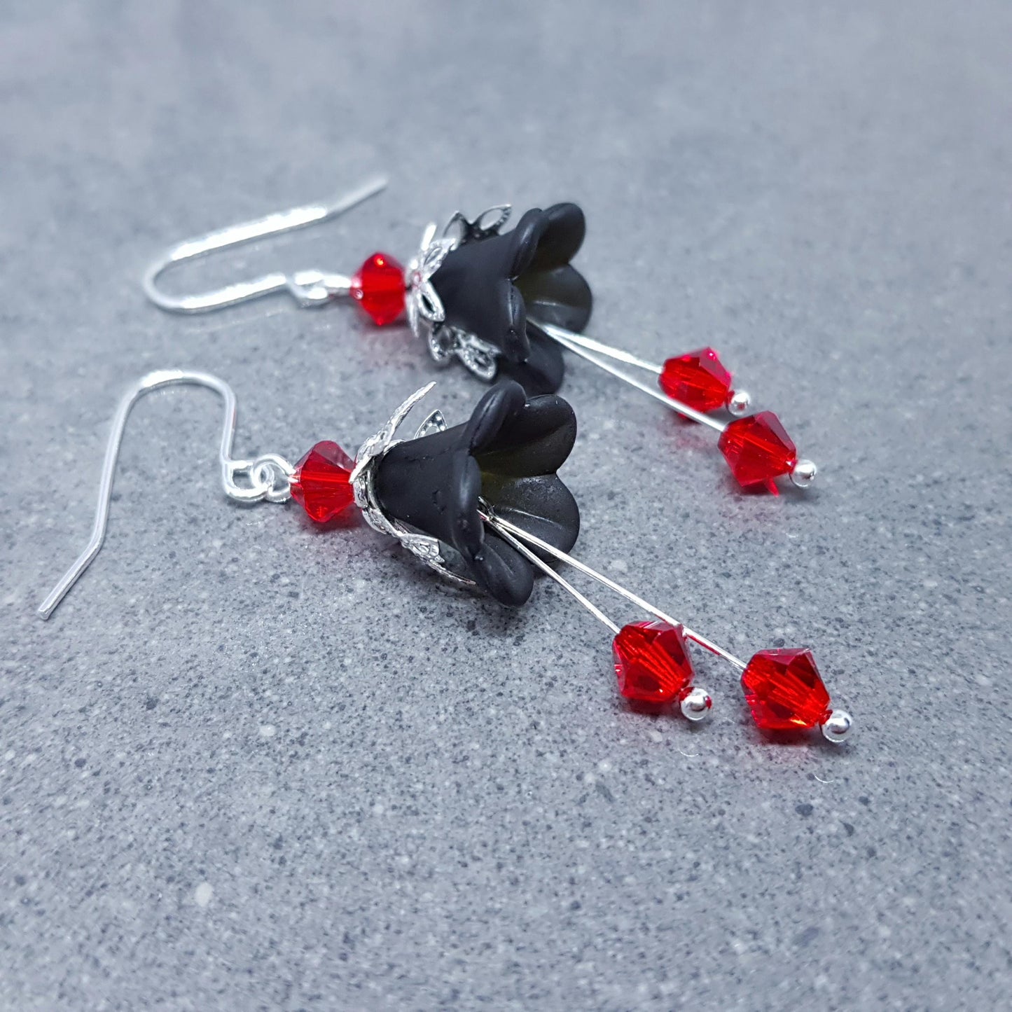 Black Flower Earrings, Hypoallergenic ear wires, Sterling Silver Ear Wires, Red PRIMERO Crystals®