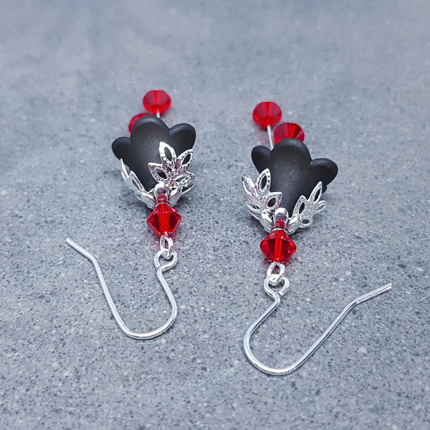 Black Flower Earrings, Hypoallergenic ear wires, Sterling Silver Ear Wires, Red PRIMERO Crystals®