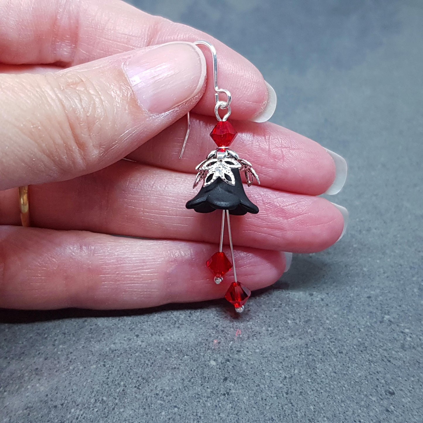 Black Flower Earrings, Hypoallergenic ear wires, Sterling Silver Ear Wires, Red PRIMERO Crystals®