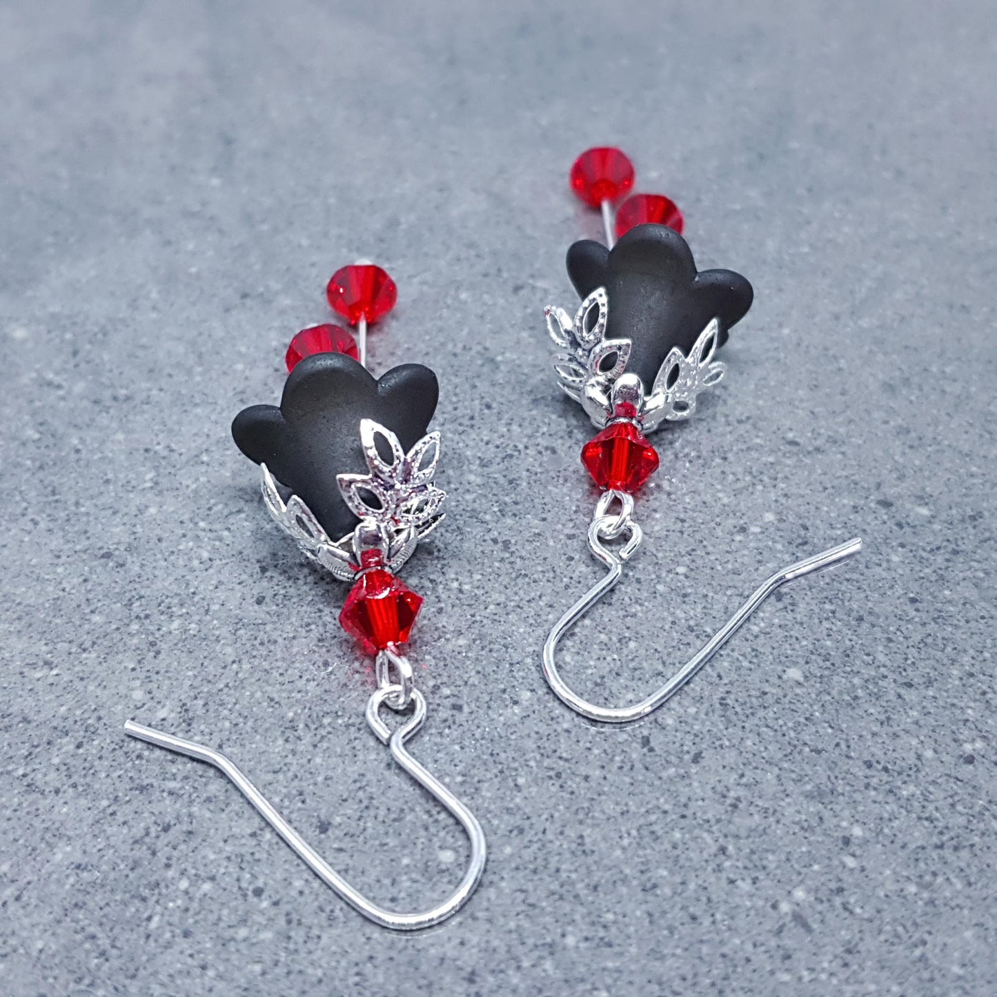 Black Flower Earrings, Hypoallergenic ear wires, Sterling Silver Ear Wires, Red PRIMERO Crystals®