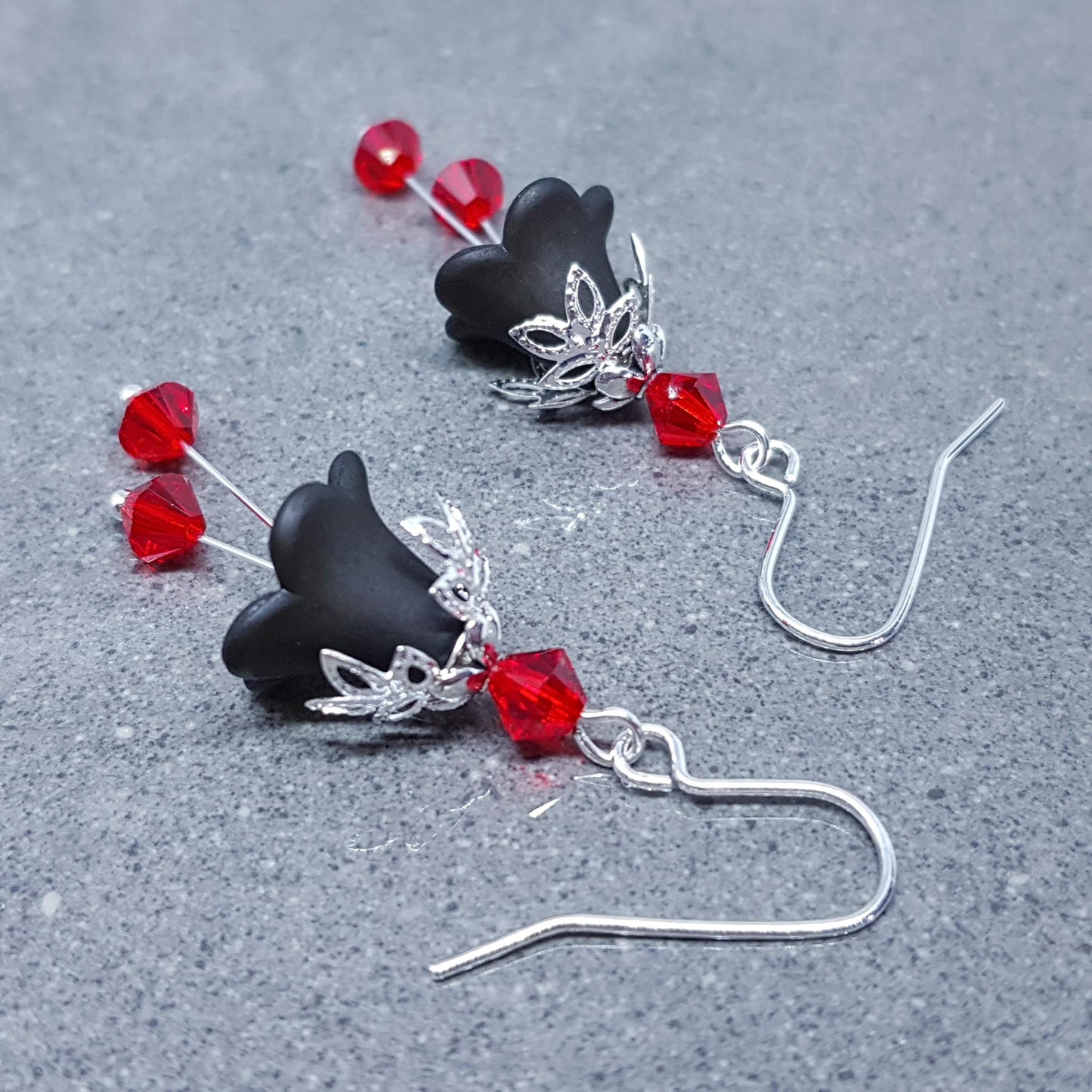 Black Flower Earrings, Hypoallergenic ear wires, Sterling Silver Ear Wires, Red PRIMERO Crystals®