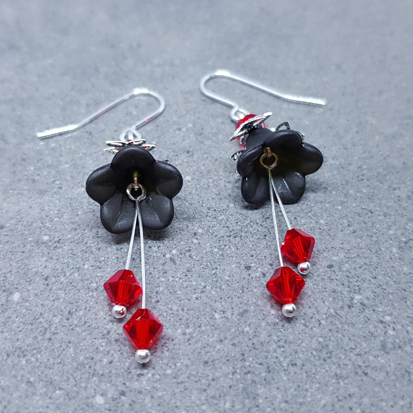 Black Flower Earrings, Hypoallergenic ear wires, Sterling Silver Ear Wires, Red PRIMERO Crystals®
