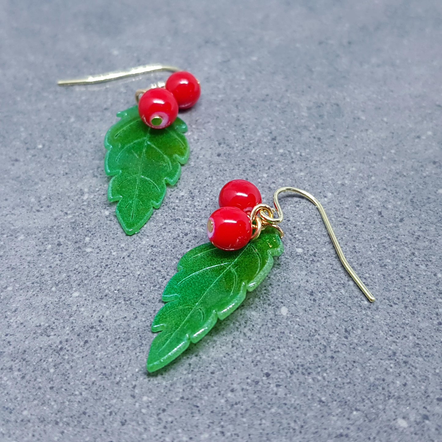 Glass Holly Earrings, Berry Earrings, Choice of Ear Wires, Glass Jewelry, Winter Earrings, Christmas Jewelry