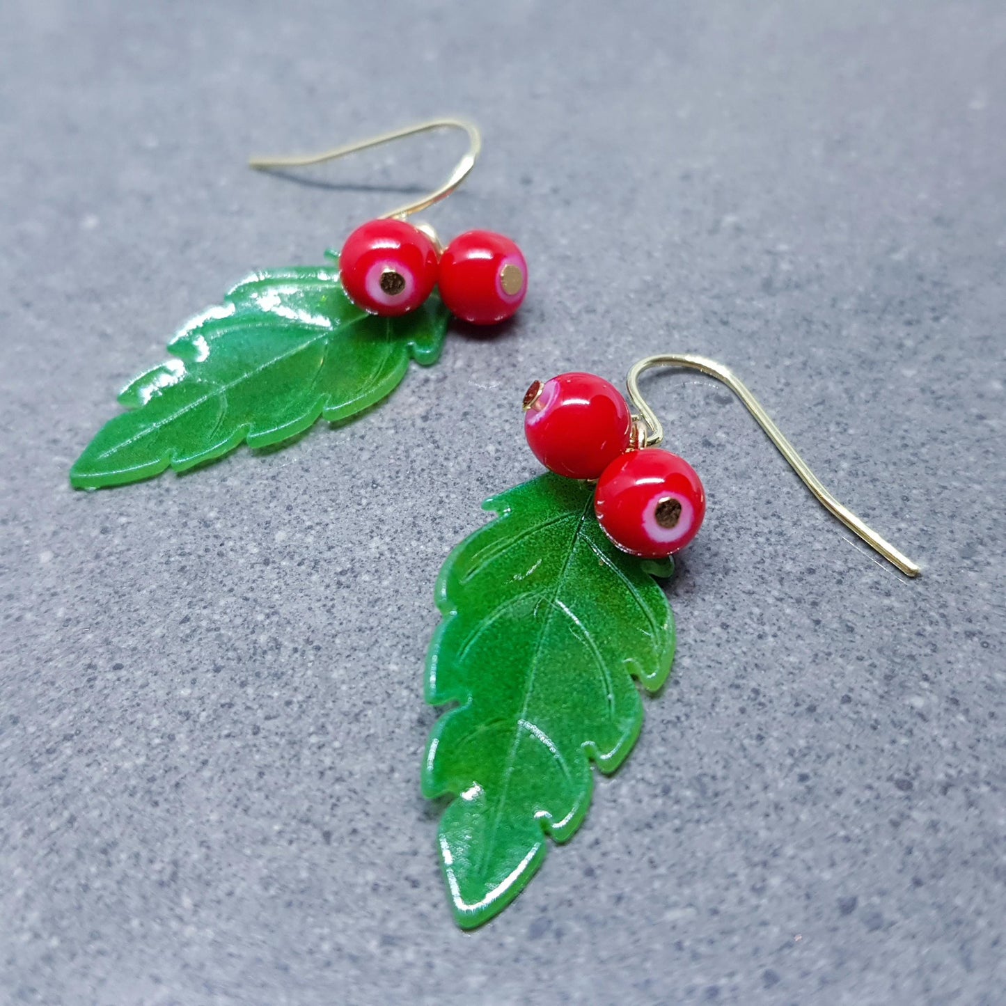Glass Holly Earrings, Berry Earrings, Choice of Ear Wires, Glass Jewelry, Winter Earrings, Christmas Jewelry