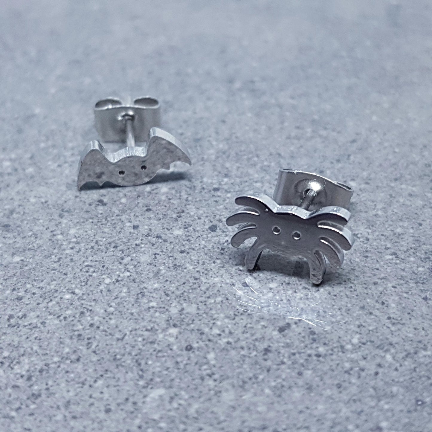 Spider and Bat Earrings, Stainless Steel Ear Studs, Hypoallergenic Earrings, Silver Earrings, Halloween Earrings, Spooky Earrings