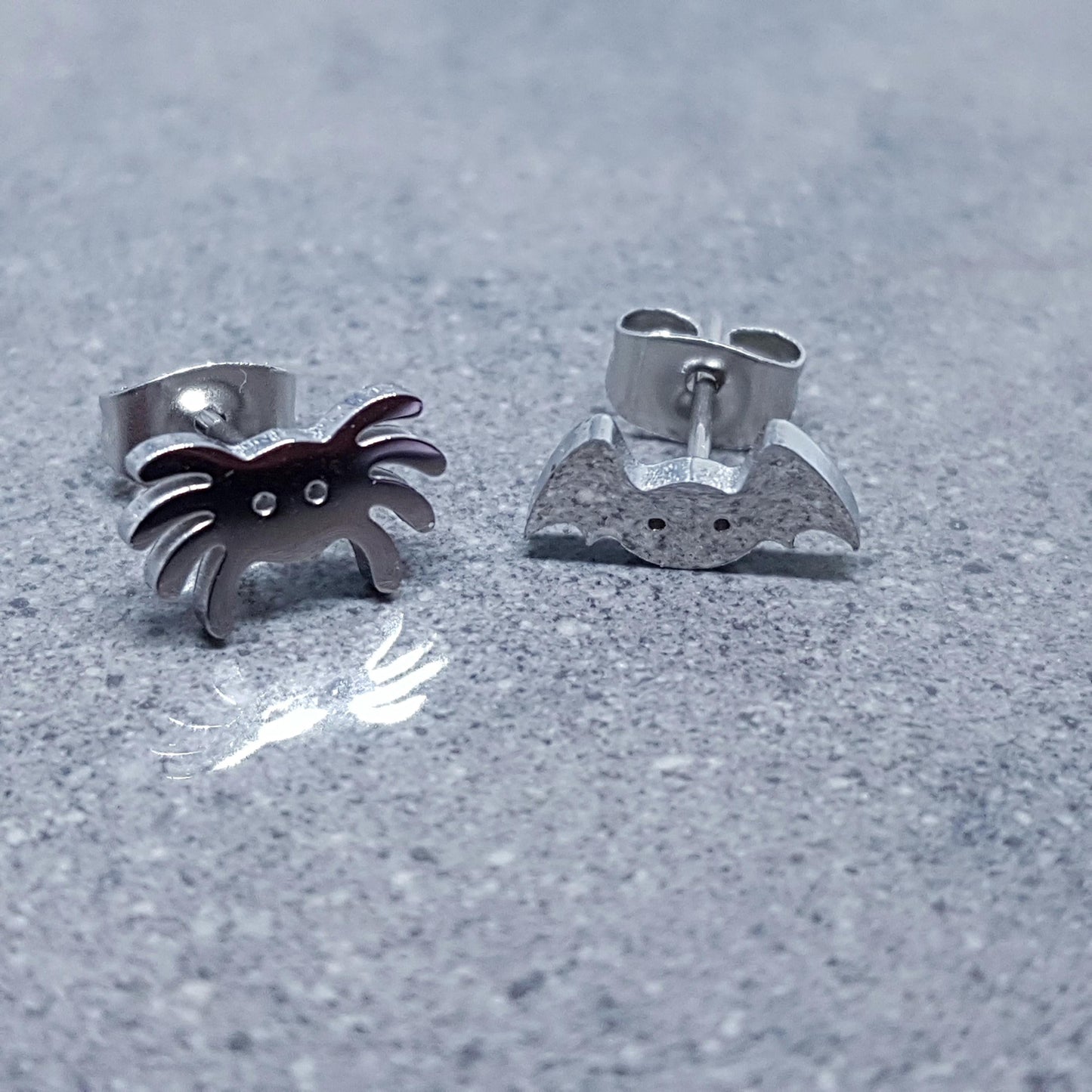 Spider and Bat Earrings, Stainless Steel Ear Studs, Hypoallergenic Earrings, Silver Earrings, Halloween Earrings, Spooky Earrings