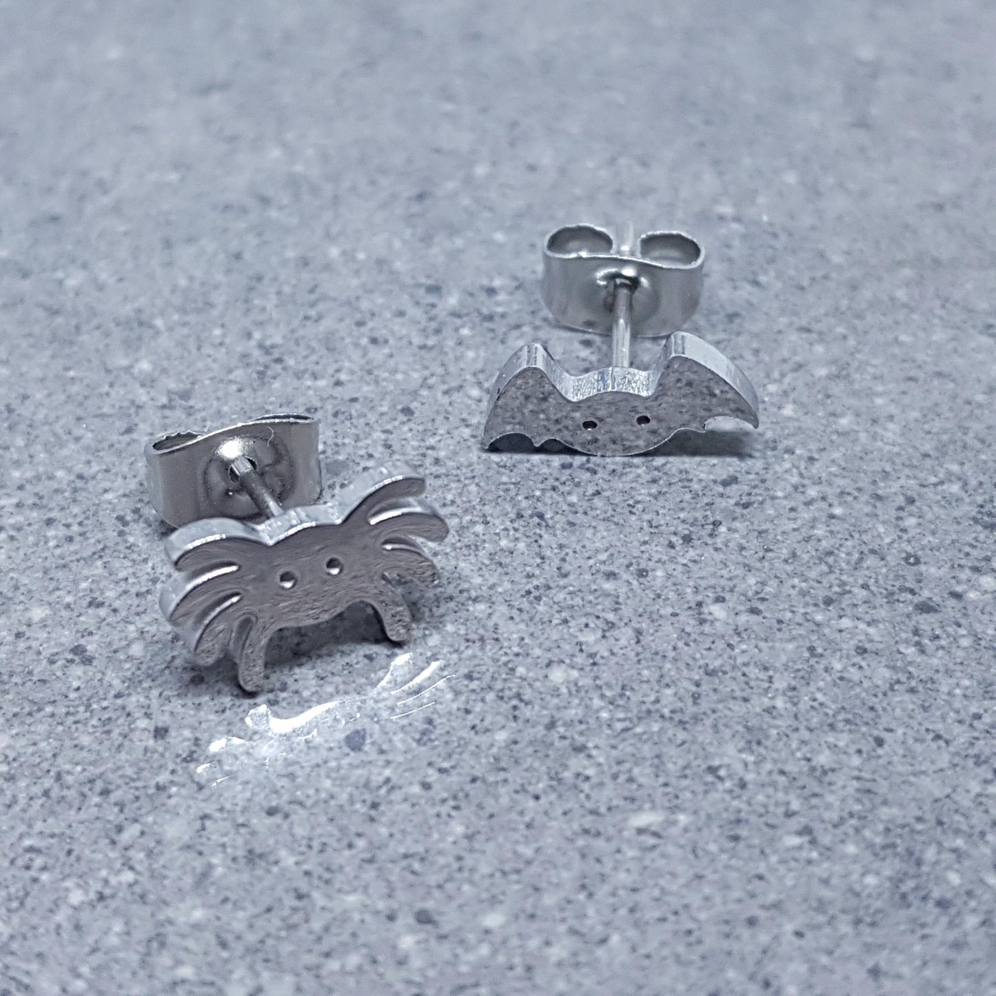 Spider and Bat Earrings, Stainless Steel Ear Studs, Hypoallergenic Earrings, Silver Earrings, Halloween Earrings, Spooky Earrings