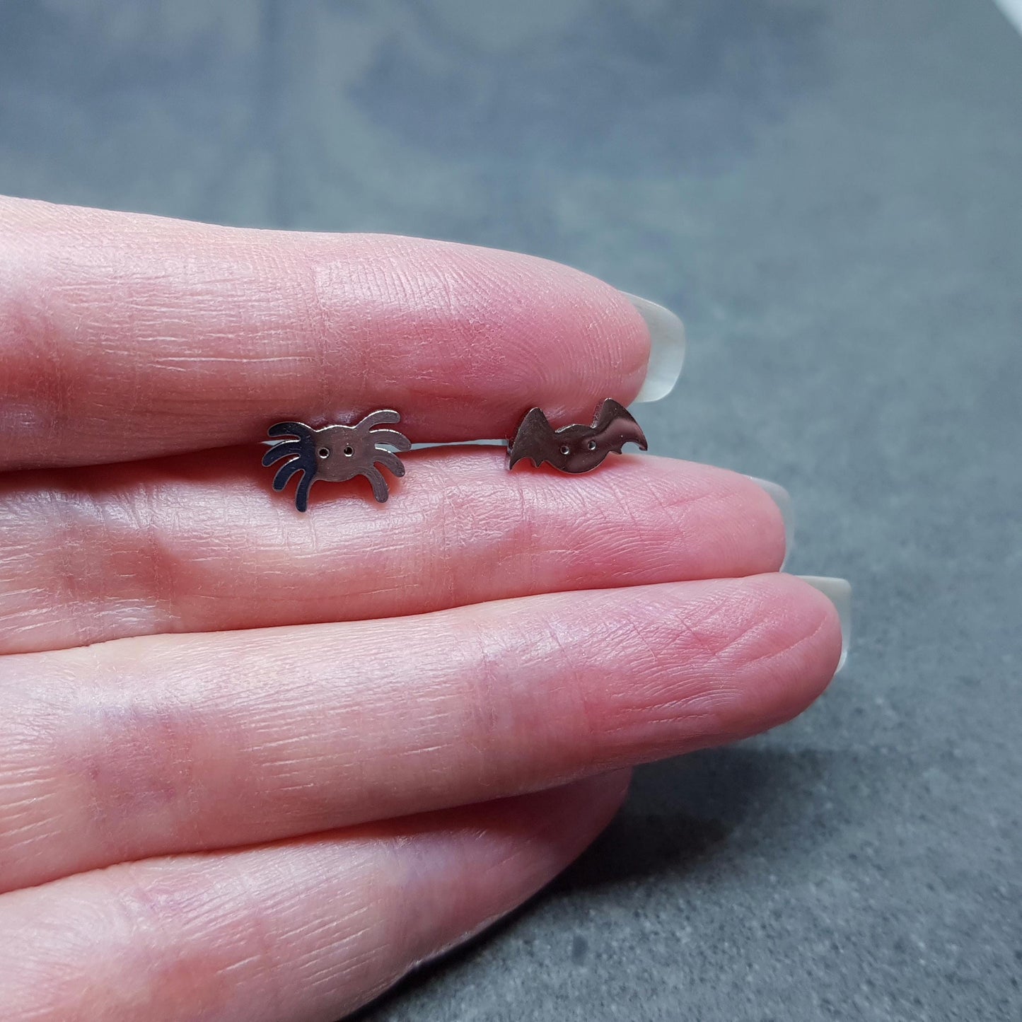 Spider and Bat Earrings, Stainless Steel Ear Studs, Hypoallergenic Earrings, Silver Earrings, Halloween Earrings, Spooky Earrings