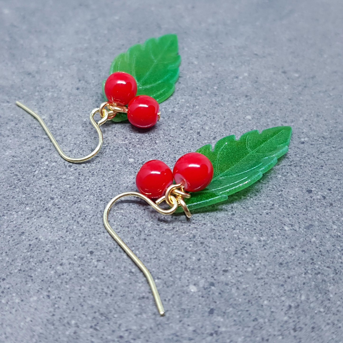 Glass Holly Earrings, Berry Earrings, Choice of Ear Wires, Glass Jewelry, Winter Earrings, Christmas Jewelry