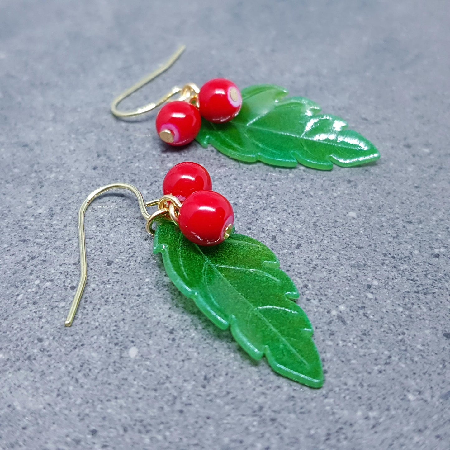 Glass Holly Earrings, Berry Earrings, Choice of Ear Wires, Glass Jewelry, Winter Earrings, Christmas Jewelry